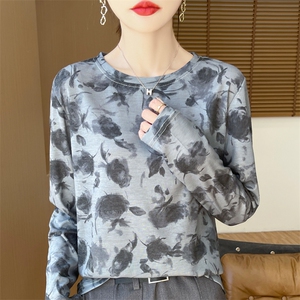 秋季新款天丝女圆领水墨画长袖正品细绒棉打底衫时尚亲肤上衣图片