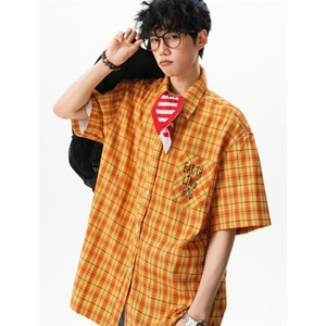 wassup happy黄色格子短袖衬衫男士夏季2025新款复古翻领休闲外套图片
