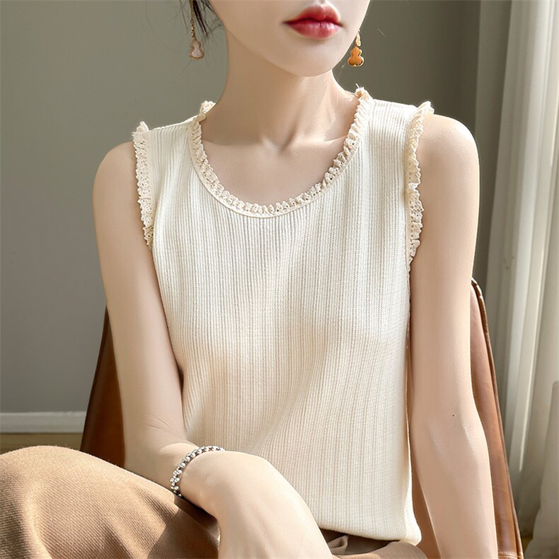 蕾丝花边领口无袖背心女夏季2024新款短款修身显瘦内搭,女装背心吊带,皓宇羊绒