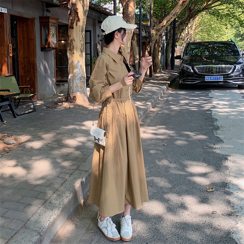 法式衬衫连衣裙女士中长款,女装连衣裙,素月