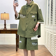 夏季潮流玉米格开衫宽松短袖衬衣短裤帅气港风套装A436-D219-P60，男装休闲套装，电商A436