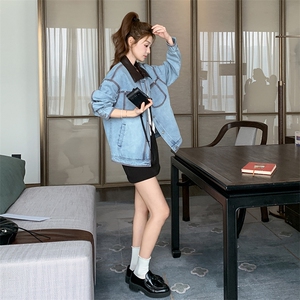 设计感格子拼接复古牛仔外套女2025年春季新款学院风宽松气质夹克图片