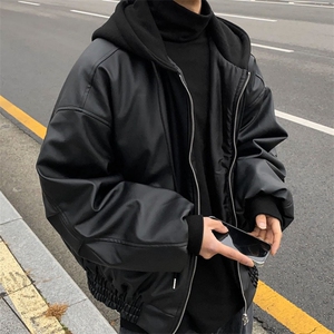 816B-PY008-P105 韩风男士宽松连帽皮夹克黑色痞帅皮衣图片