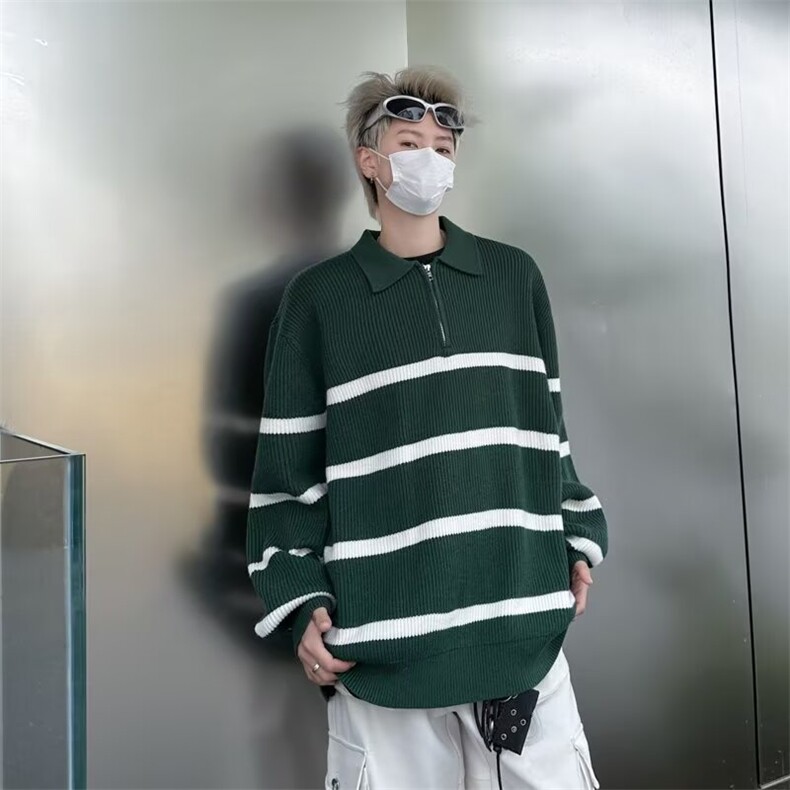条纹翻领毛衣男美式高街半拉链设计套头针织衫秋设计感上衣M7168，男装针织衫/毛衣，星座506
