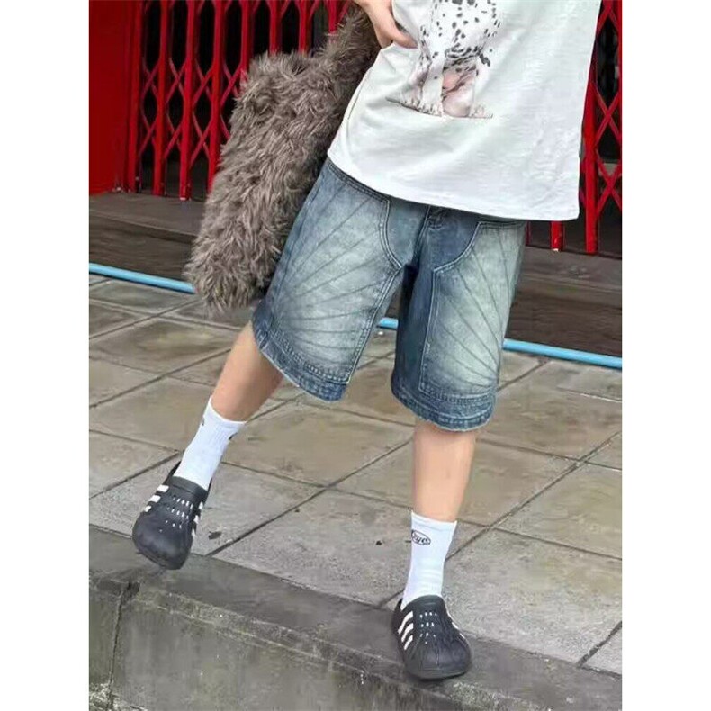 网络图美式复古水洗设计感直筒五分牛仔短裤男女做旧宽松半裤潮牌,男装牛仔裤,星座410-7