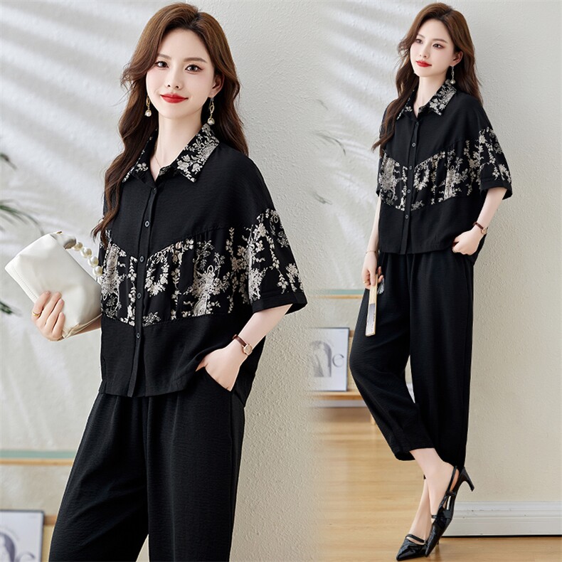 现货！！印花拼接套装女2024夏季新款气质时尚洋气优雅两件套，女装套装/套裙，魅影