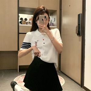 学院风胸前织带小狗刺绣针织POLO衫冰丝短袖T恤上衣女2025夏季款图片