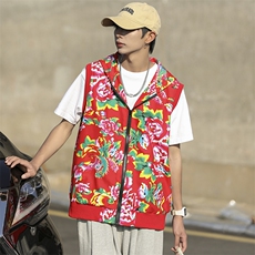 B02东北大花连帽拉链大码新中式汉服民族特色马甲背心坎肩潮男女，男装背心/马甲，星座115A(原星座507）