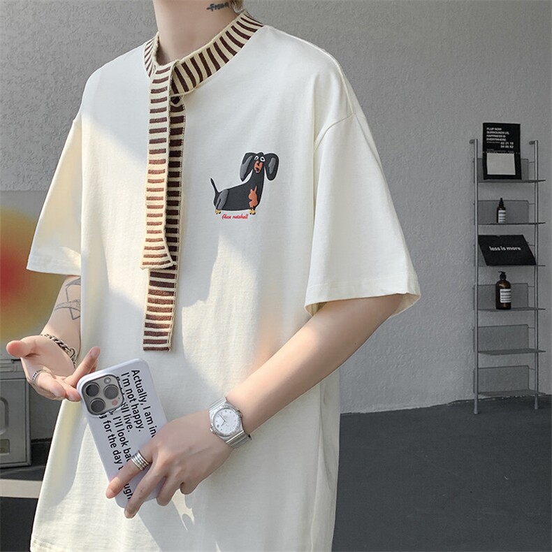 8XL-M纯棉复古拼接假领带设计短袖美式T恤男重工情侣上衣潮DX341,男装T恤,电商D206-1