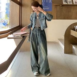 美式复古风穿搭牛仔套装女春夏秋超火好看高级感外套阔腿裤两件套图片