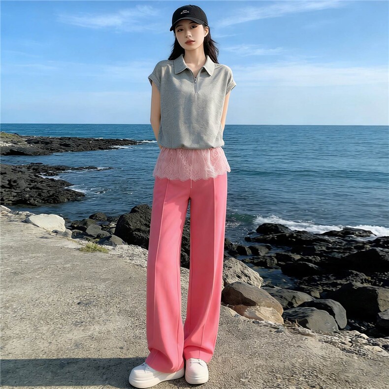 女夏季新款欧韩时尚休闲运动套装蕾丝拼接短袖高腰阔腿长裤两件套,女装套装/套裙,江南
