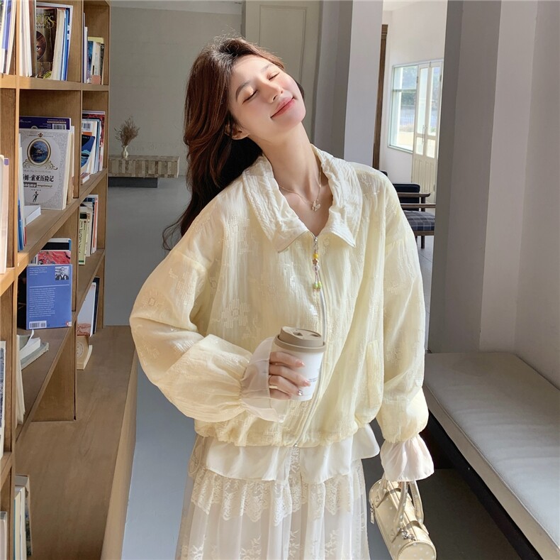 韩版休闲风薄款蕾丝短外套女春夏宽松拉链翻领长袖减龄防晒衣,女装防晒衣,维壹