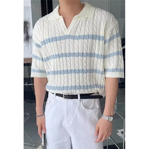 夏季白色翻领Polo衫条纹日系针织衫男短袖上衣T恤衫宽松 TZ90图片