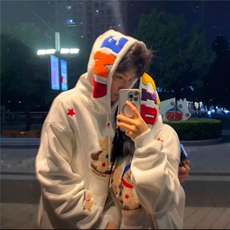 W11120-P60加绒65网图现货木马毛绒刺绣重磅连帽卫衣高街外套，女装短外套，星座1608