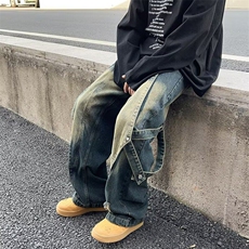 D8933-P58复古重工做旧水洗牛仔裤男解构拼接设计直筒阔腿长裤，男装牛仔裤，星座603-2