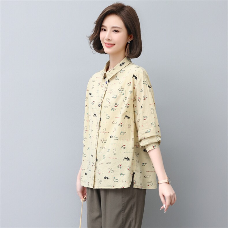 衬衫女长袖2022秋装新款时尚印花韩版宽松Polo领显瘦衬衣潮，女装大码女装，奕阳依阁