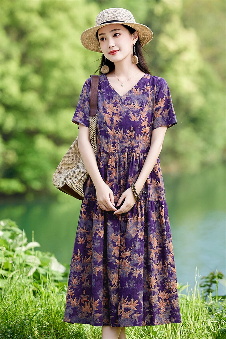 棉麻碎花连衣裙女夏季2025新款显瘦休闲气质薄款短袖V领印花裙子,女装连衣裙,倪叶myz