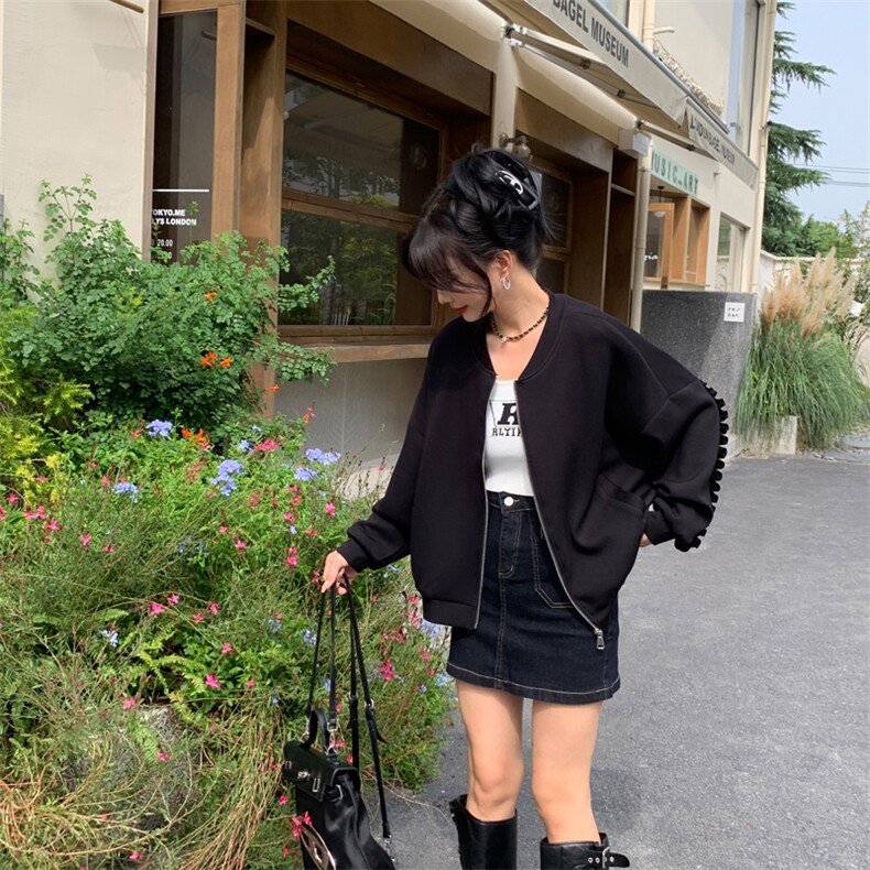 现货2024年春季新款韩版花边点缀棒球服外套女上衣,女装短外套,MQ