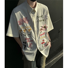 主推美式复古华夫格彩色花卉刺绣短袖衬衫情侣上衣男H939P68，男装T恤，电商A341