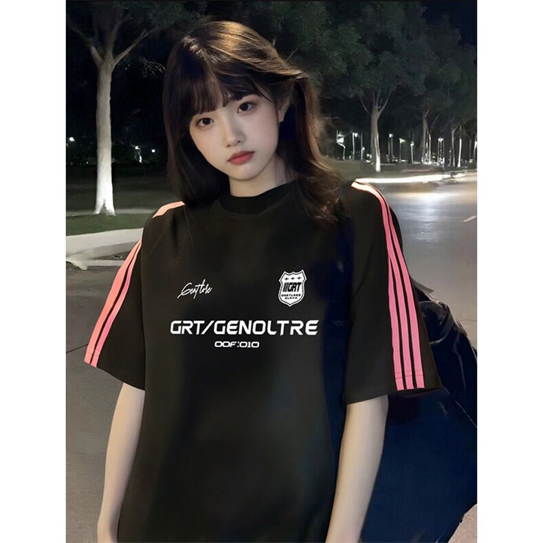 抖音得物品质二开240克宽松纯棉美式潮牌印花三条杠中性风短袖T恤图片