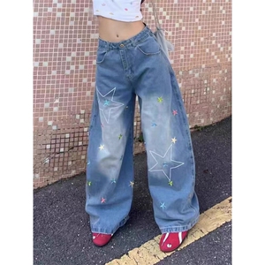 美式水洗设计感星星刺绣牛仔裤男女潮牌宽松bf慵懒风拖地弯刀裤潮图片