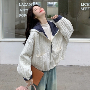 米白色条纹连帽棉服女2025年冬季新款韩版小个子宽松休闲棉衣外套图片