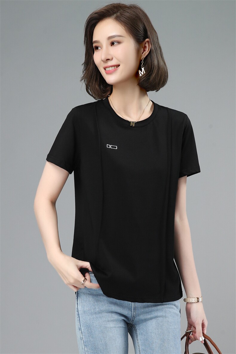 板酷2026夏装新款时尚刺绣黑色圆领T恤B612,女装T恤,板酷