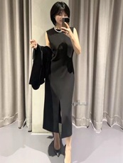 2025早春新品女装混纺开衩连衣裙，女装连衣裙，湘姗
