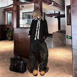 新中式水墨花内假两件拉链衬衫夹克 Cleanfit秋春立体双面外套p75图片