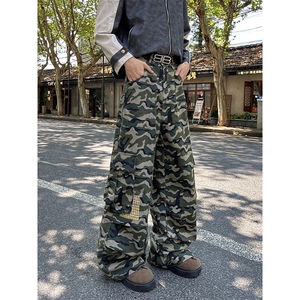 美式复古迷彩多口袋工装裤男女情侣宽松直筒休闲裤潮N0712-P58图片
