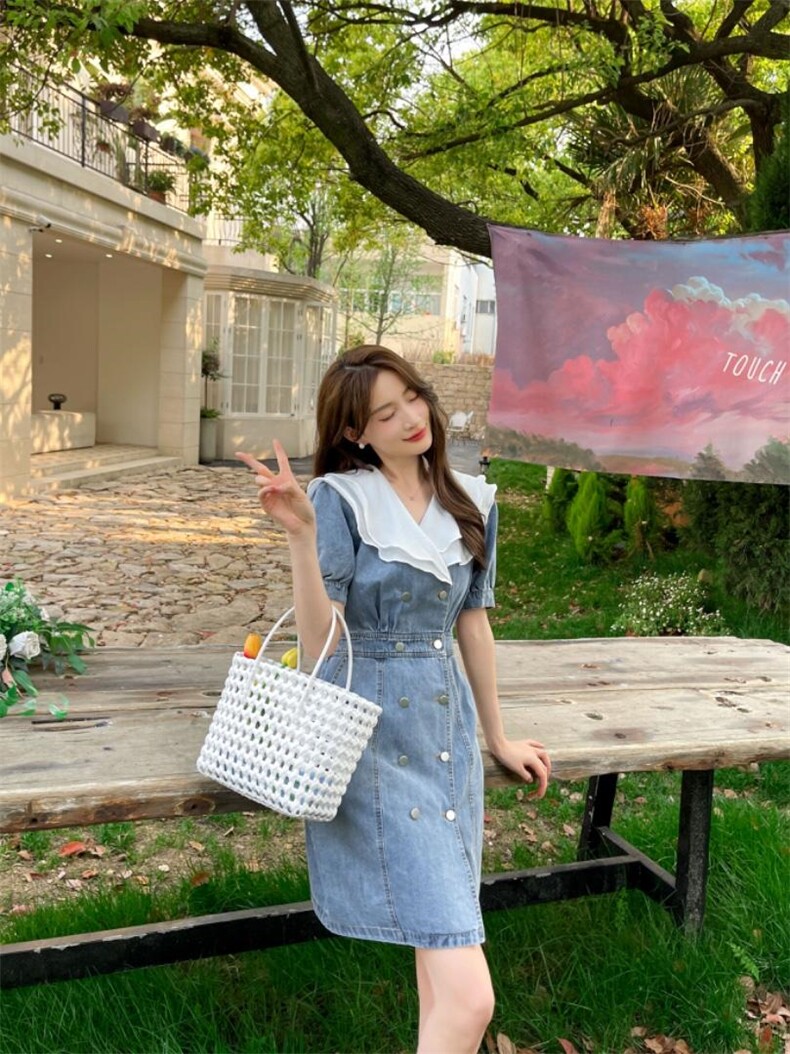 现货，夏季牛仔短袖连衣裙，女装连衣裙，麦V诗尚