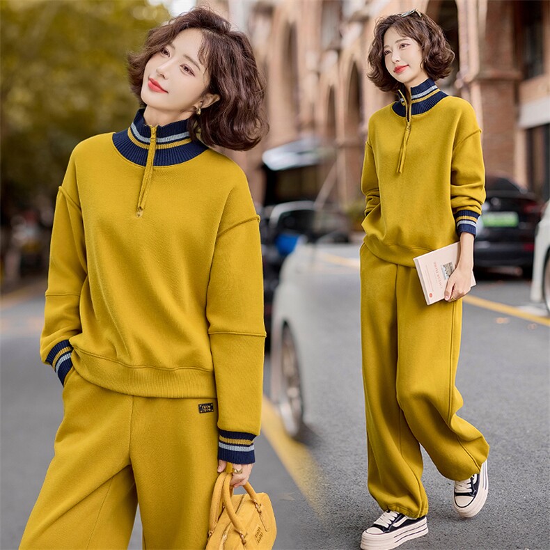 姜黄色休闲运动女秋冬高级感欧货加绒加厚减龄立领卫衣，女装卫衣/绒衫，梦懿尔