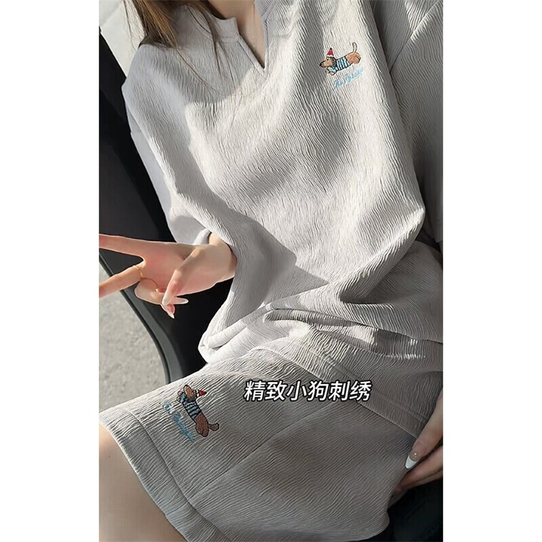 特批P48无差价夏季V领刺绣腊肠狗纹理感时尚大码短袖短裤男TZ5363,男装牛仔裤,电商A001-1