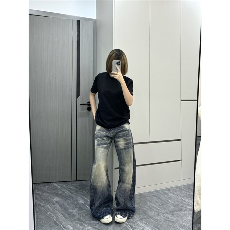 美式复古水洗做旧直筒牛仔裤春秋新款高腰宽松显瘦阔腿拖地长裤,男装牛仔裤,星座601-1