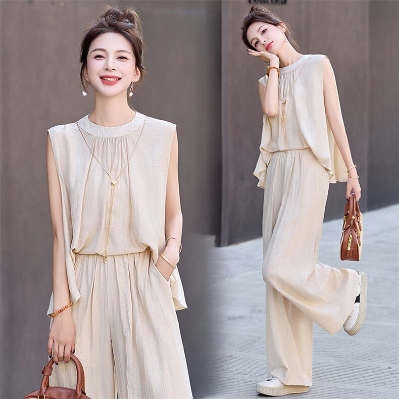 无袖上衣阔腿裤两件套装女装夏2025气质时尚休闲洋气40减龄一整套，女装套装/套裙，韩然一族