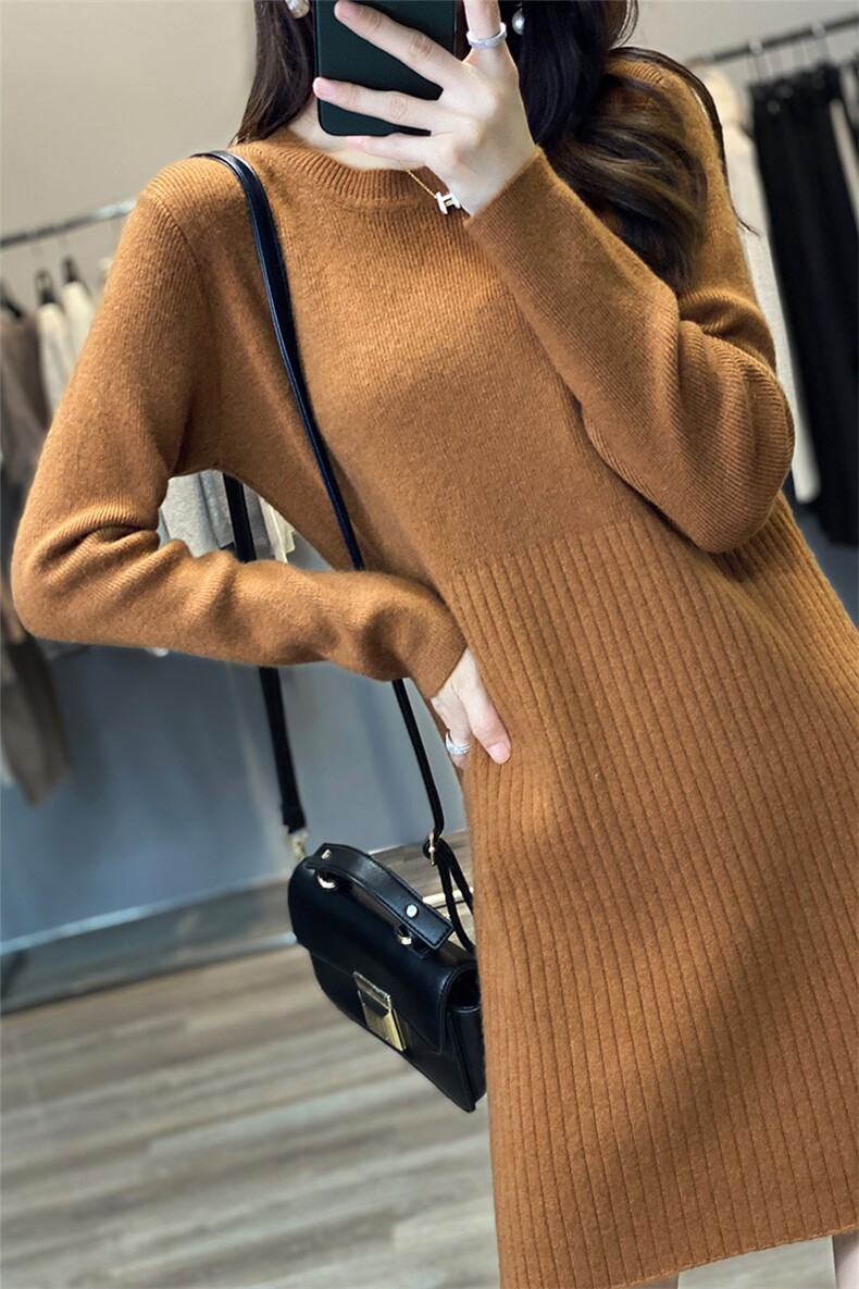 秋冬季羊毛休闲时尚通勤内搭百搭中长款不同抽条圆领连衣裙,女装连衣裙,越洋羊