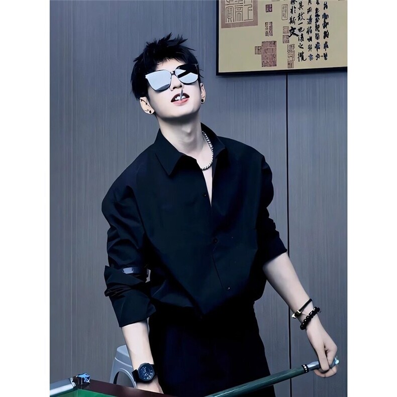 黑色那不勒斯痞帅高级感黑道衬衫男禁欲系英伦雅痞长袖教父衬衣春，男装衬衫，星座506A