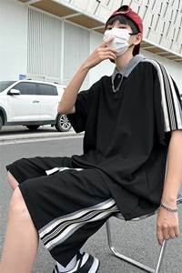 夏季新款现货主推大码港风情侣冰丝宽松日系休闲套装男S19P65图片