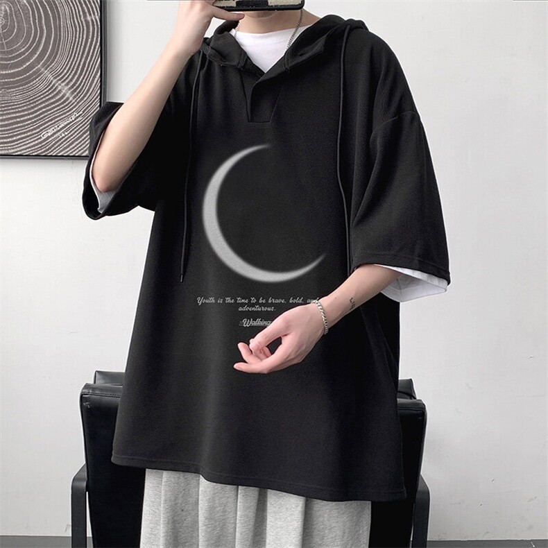 LD54349-P45NASA 连帽短袖t恤男大码胖子带帽五分袖中袖图片