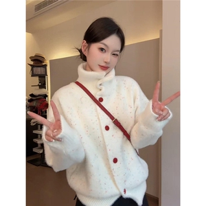 韩系复古白色彩点宽松高领毛衣外套女春秋原宿风百搭开衫气质上衣,儿童色彩搭配怎么教图片