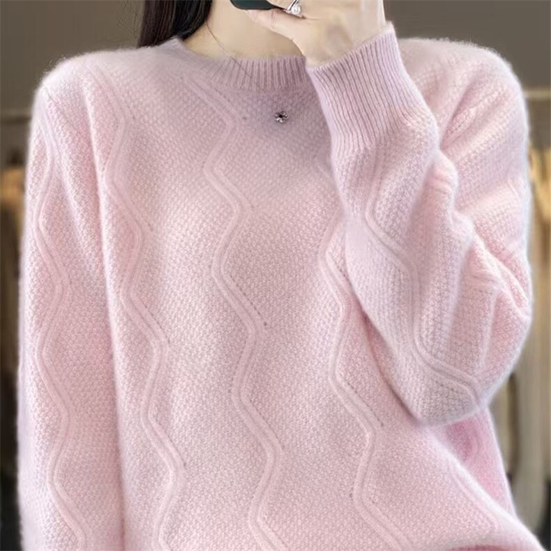 加厚半高领100%纯羊毛衫女扭花长袖针织毛衣宽松慵懒羊绒衫打底衫,针织衫/毛衣,萱芳婷羊绒