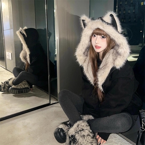 现货重磅硬挺boxy羽绒棉衣座山雕猫耳大毛毛领麂皮棉服冬外套图片