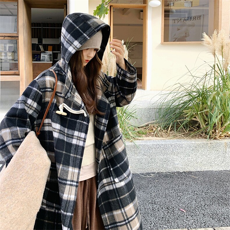 高级双面呢羊毛格子毛呢外套大衣女2024冬加厚学生超好看连帽休闲,女装毛呢外套,千寻
