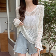 春季新款时尚百搭女士V领镂空宽松针织衫，女装针织衫/毛衣，唯若美羊绒