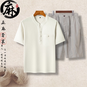 长年现货男士中老年唐装盘扣亚麻短袖T桖套装风棉麻半袖上衣图片