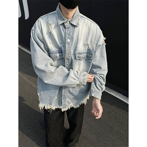 潮牌牛仔服外套男翻领破洞宽松上衣青年春新款休闲夹克JK1175-P70图片