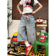 胖mm大码美式彩色纽扣阔腿牛仔七分裤女高腰宽松短裤LNK0066-P62，男装牛仔裤，星座1008