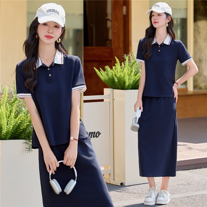 学院风翻领短袖A字半裙套装女2026夏季新款藏青色休闲质感两件套,女装套装/套裙,米莱