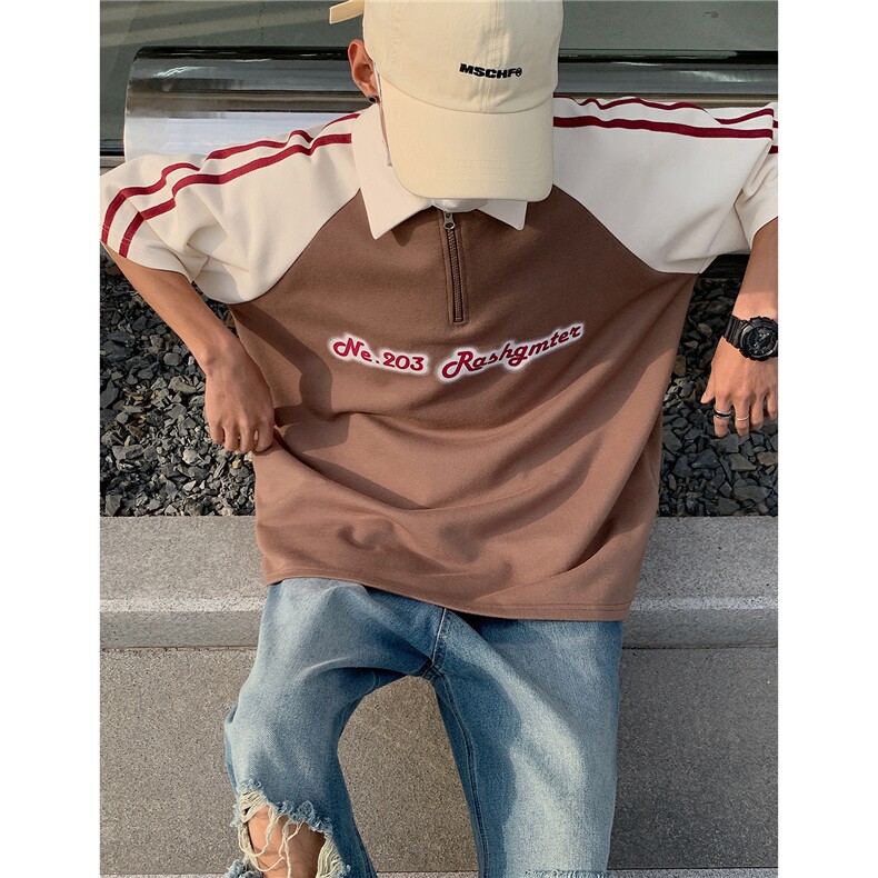 情侣装夏季新款潮字母印花拼接撞色POLO衫学院宽松T恤D273P48,男装T恤,电商A335-1（原A458）