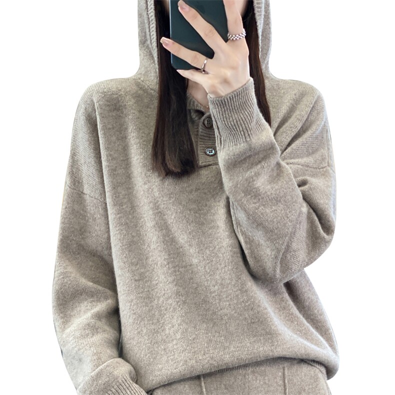 宽松连帽加厚纯羊毛衫女百搭毛衣毛衣秋冬休闲针织羊绒帽衫鹅黄色,女装羊毛衫,鹿一羊绒